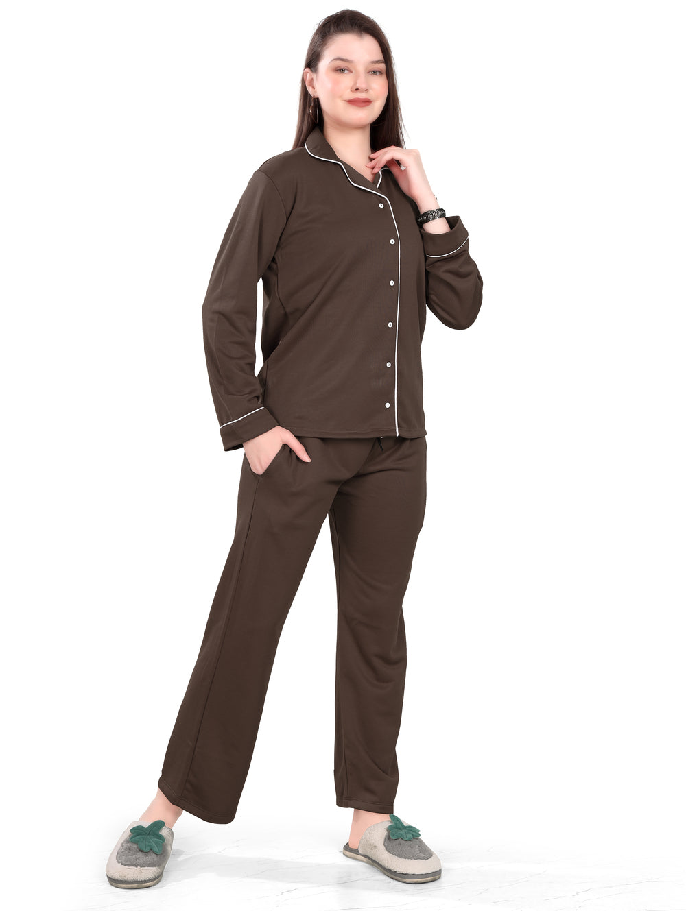 Women's Winter Night Suit Set | Stylish Cotton Full Sleeves Coords Shirt Pyjama Set | Brown