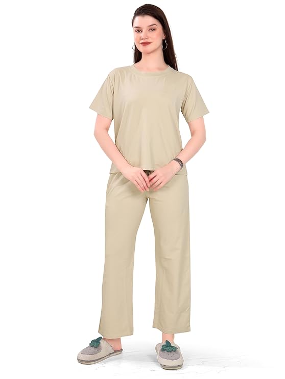 Women's Winter Night Suit Set | Stylish Half Sleeves Coords Set | Cream