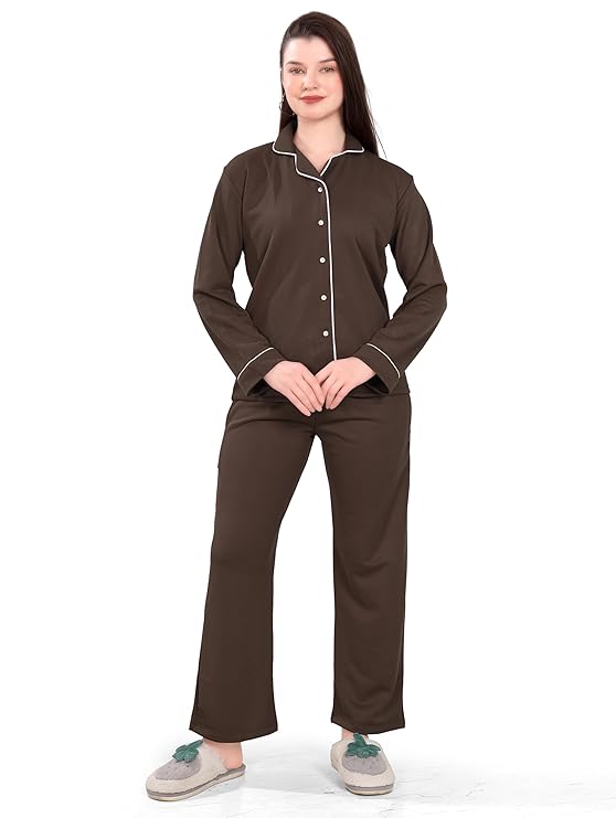 Women's Winter Night Suit Set | Stylish Cotton Full Sleeves Coords Shirt Pyjama Set | Brown