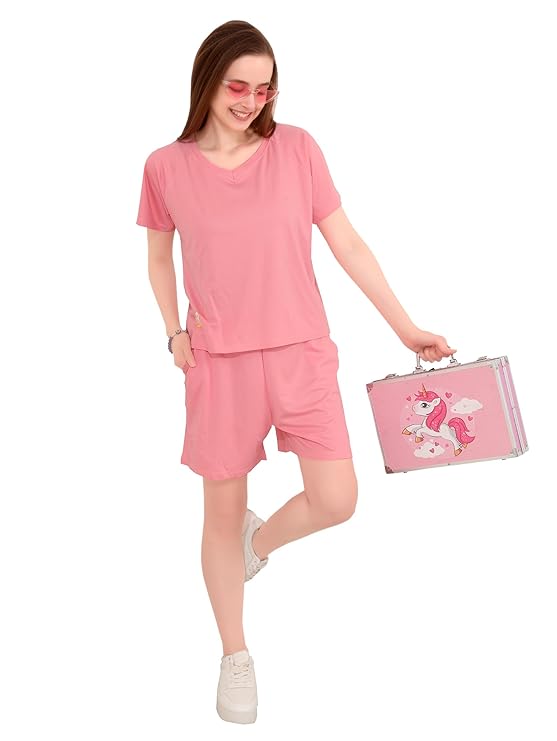Round Neck Cotton Short Sleeve Nightsuit Set for Women | Short Pajama Set with Pockets | Stretchable Lounge Wear | Solid T-Shirt and Shorts | Pink