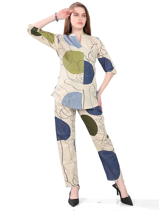 Women's Night Suit Set for Women | Cotton Flax Casual Co-Ord Set | Top and Pyjama Set with Pockets