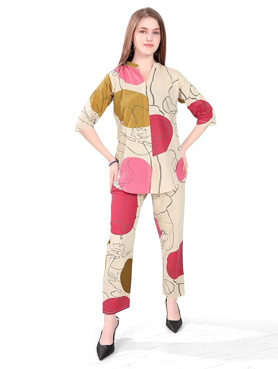 Women's Night Suit Set for Women | Cotton Flax Casual Co-Ord Set | Top and Pyjama Set with Pockets