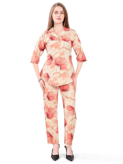 Women's Night Suit Set for Women | Cotton Flax Casual Co-Ord Set | Shirt and Pyjama Set with Pockets