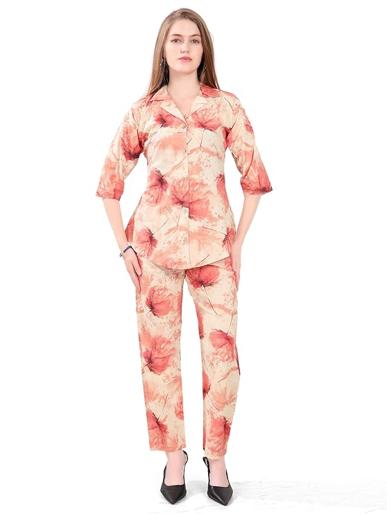 Women's Night Suit Set for Women | Cotton Flax Casual Co-Ord Set | Shirt and Pyjama Set with Pockets