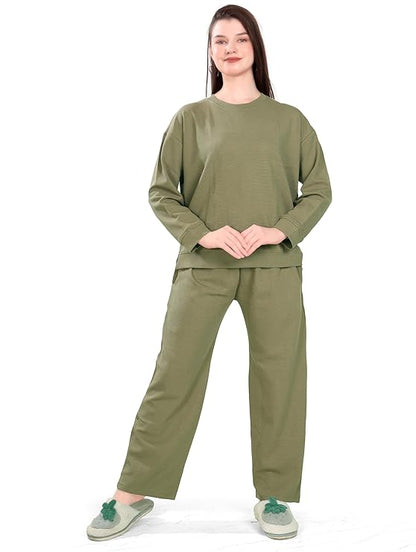 Women's Winter Night Suit Set | Stylish Cotton Full Sleeves Coords Set | Olive Green