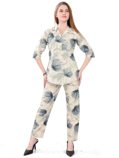 Women's Night Suit Set for Women | Cotton Flax Casual Co-Ord Set | Shirt and Pyjama Set with Pockets