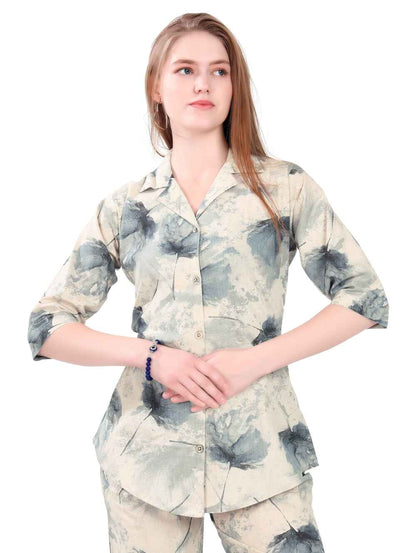 Women's Night Suit Set for Women | Cotton Flax Casual Co-Ord Set | Shirt and Pyjama Set with Pockets