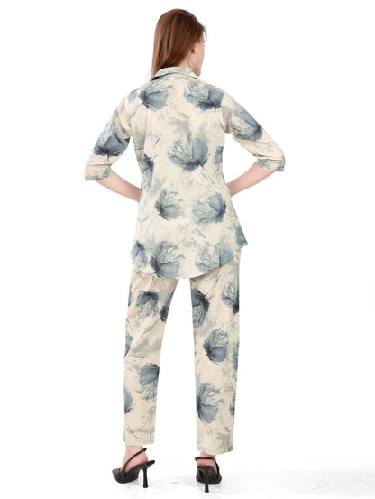 Women's Night Suit Set for Women | Cotton Flax Casual Co-Ord Set | Shirt and Pyjama Set with Pockets