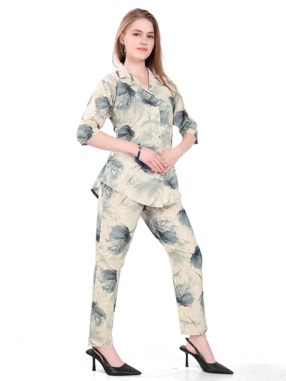 Women's Night Suit Set for Women | Cotton Flax Casual Co-Ord Set | Shirt and Pyjama Set with Pockets