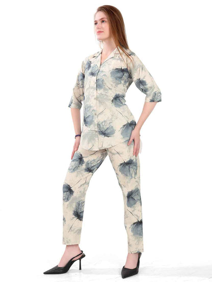 Women's Night Suit Set for Women | Cotton Flax Casual Co-Ord Set | Shirt and Pyjama Set with Pockets
