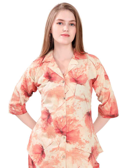 Women's Night Suit Set for Women | Cotton Flax Casual Co-Ord Set | Shirt and Pyjama Set with Pockets