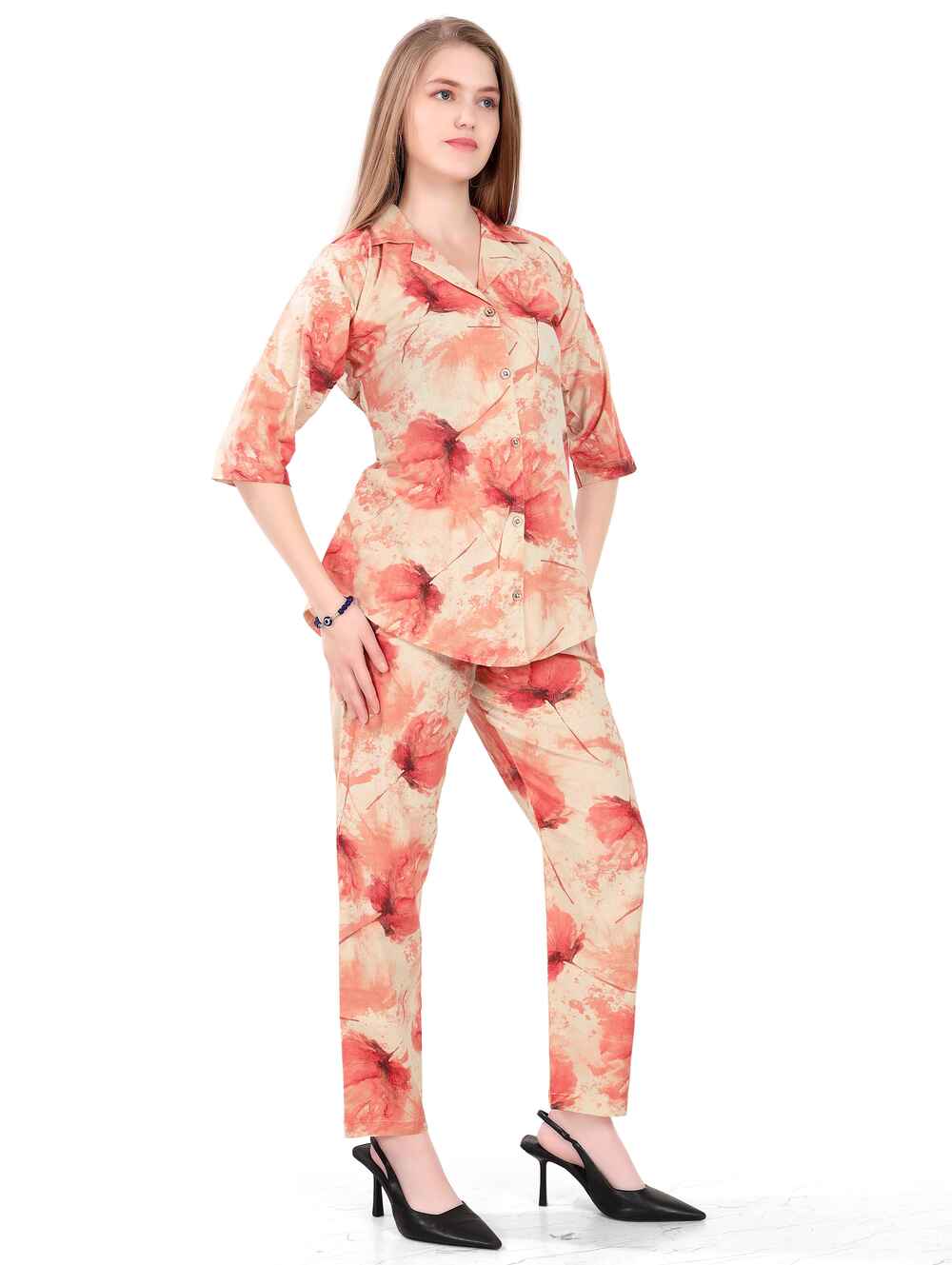 Women's Night Suit Set for Women | Cotton Flax Casual Co-Ord Set | Shirt and Pyjama Set with Pockets