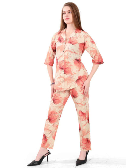 Women's Night Suit Set for Women | Cotton Flax Casual Co-Ord Set | Shirt and Pyjama Set with Pockets