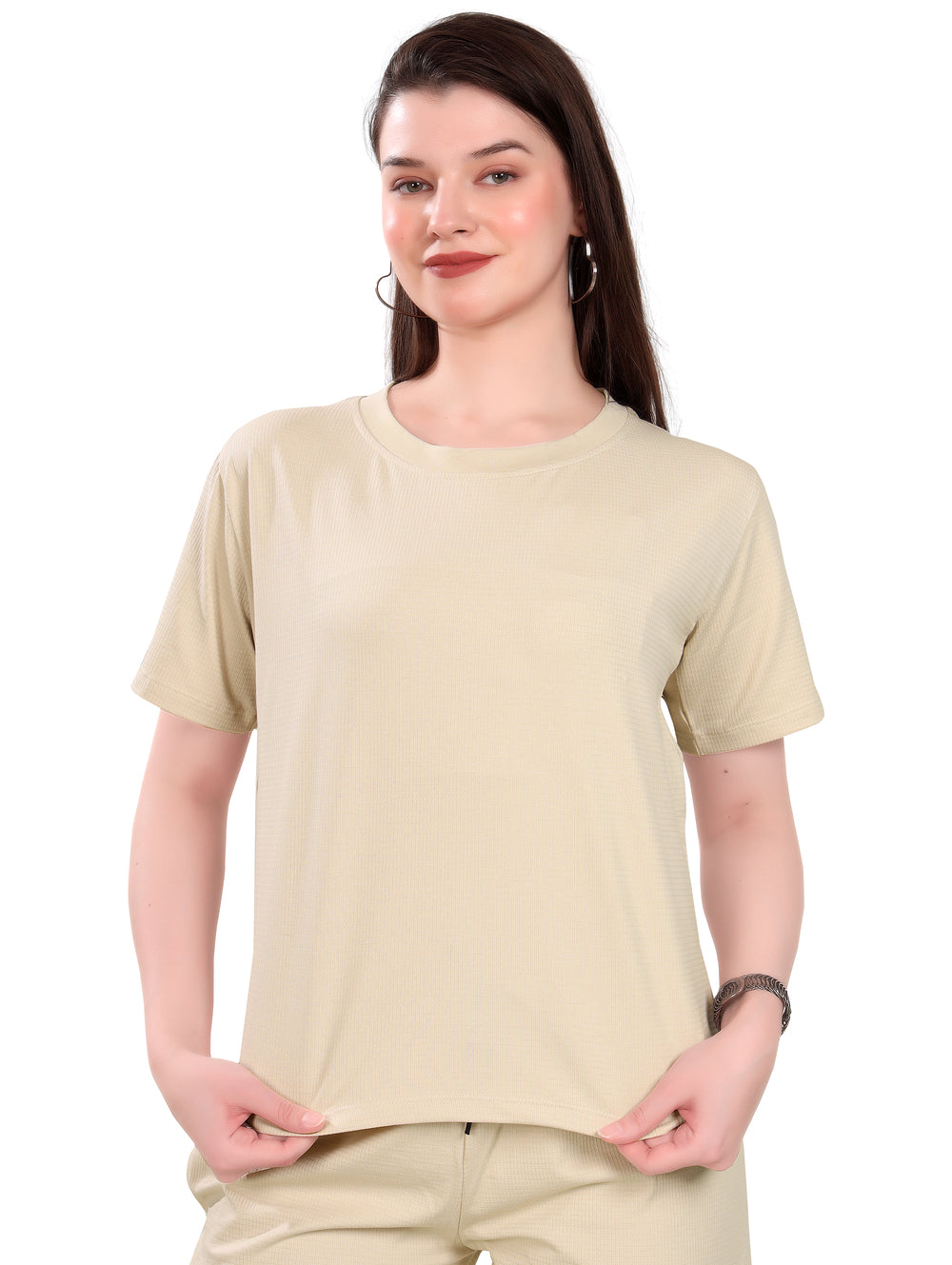 Women's Winter Night Suit Set | Stylish Half Sleeves Coords Set | Cream