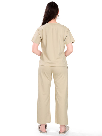 Women's Winter Night Suit Set | Stylish Half Sleeves Coords Set | Cream