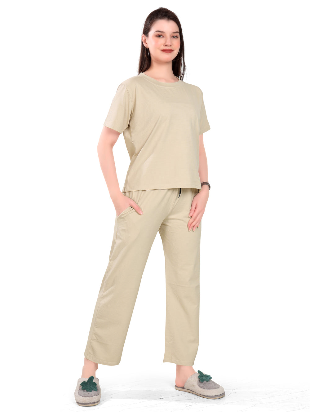 Women's Winter Night Suit Set | Stylish Half Sleeves Coords Set | Cream