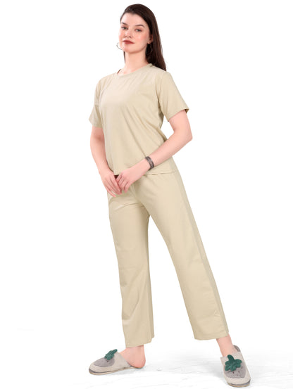 Women's Winter Night Suit Set | Stylish Half Sleeves Coords Set | Cream