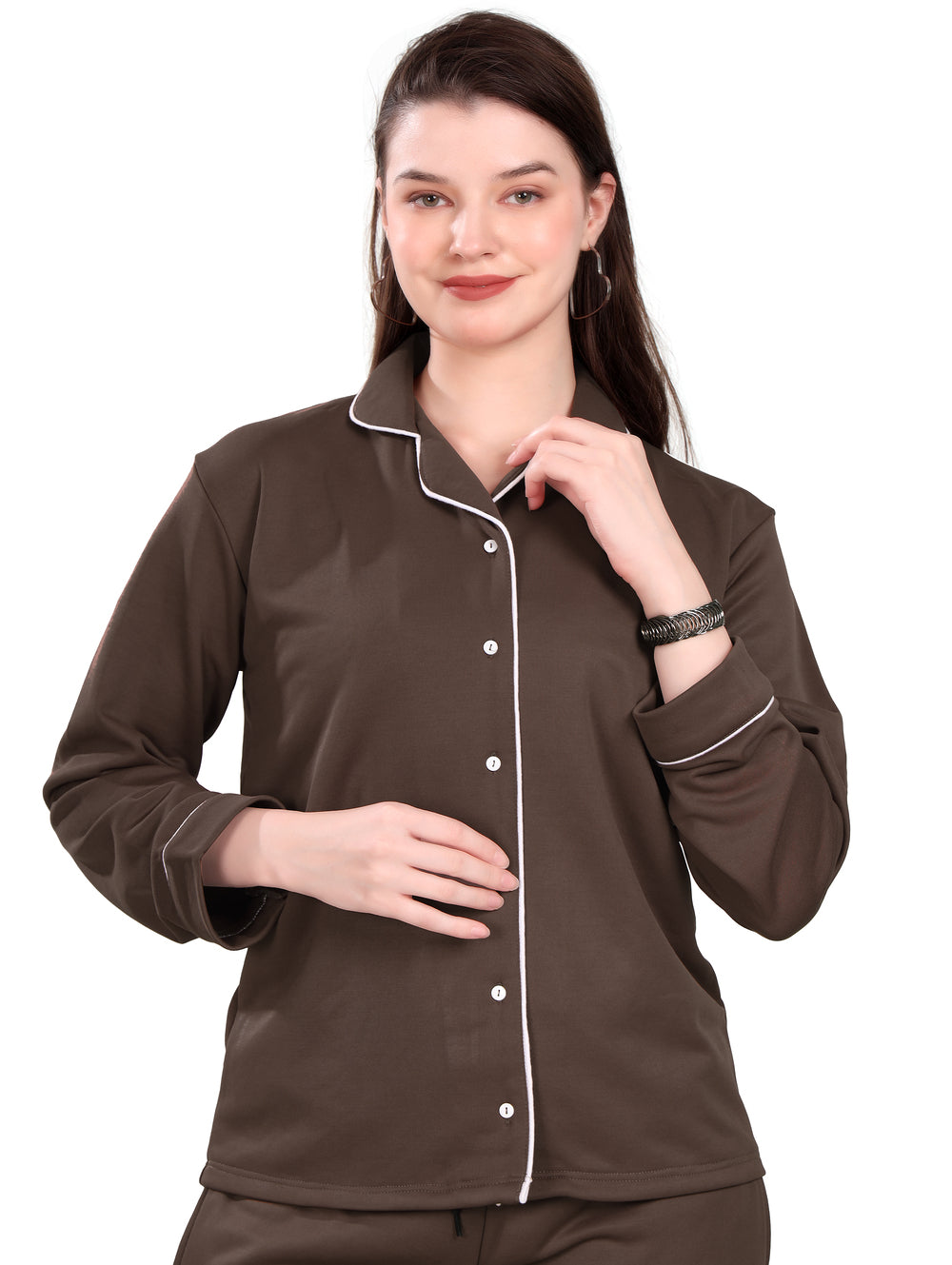 Women's Winter Night Suit Set | Stylish Cotton Full Sleeves Coords Shirt Pyjama Set | Brown