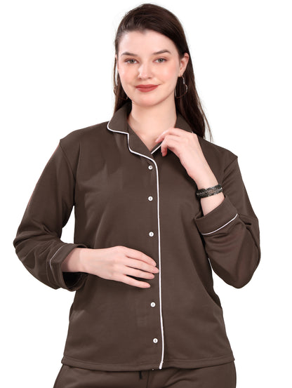 Women's Winter Night Suit Set | Stylish Cotton Full Sleeves Coords Shirt Pyjama Set | Brown