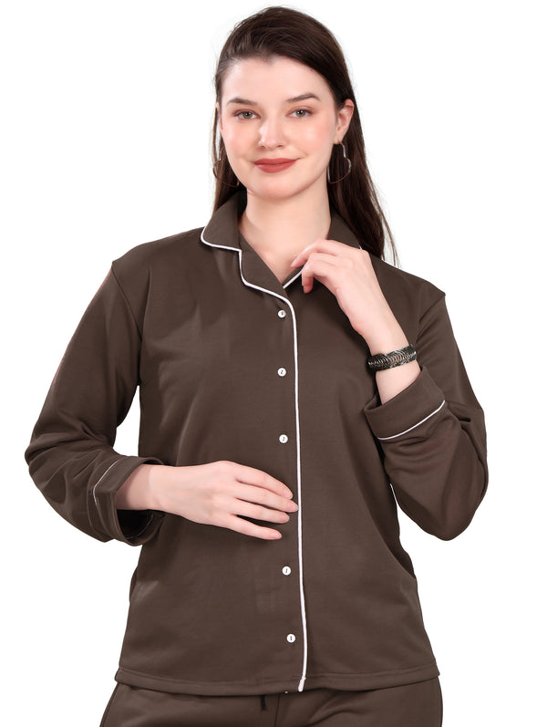 Women's Winter Night Suit Set | Stylish Cotton Full Sleeves Coords Shirt Pyjama Set | Brown