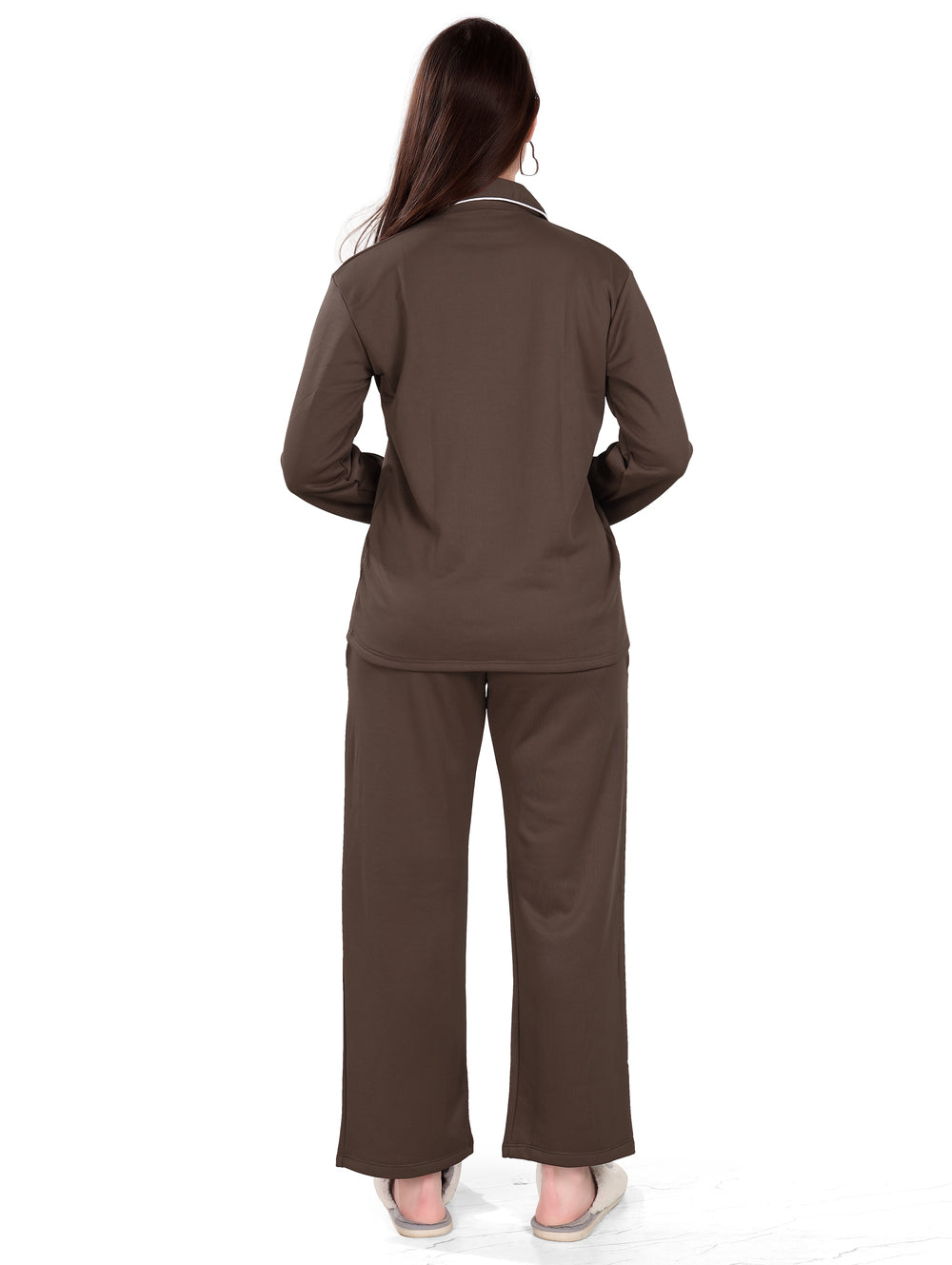 Women's Winter Night Suit Set | Stylish Cotton Full Sleeves Coords Shirt Pyjama Set | Brown