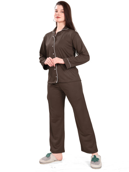 Women's Winter Night Suit Set | Stylish Cotton Full Sleeves Coords Shirt Pyjama Set | Brown