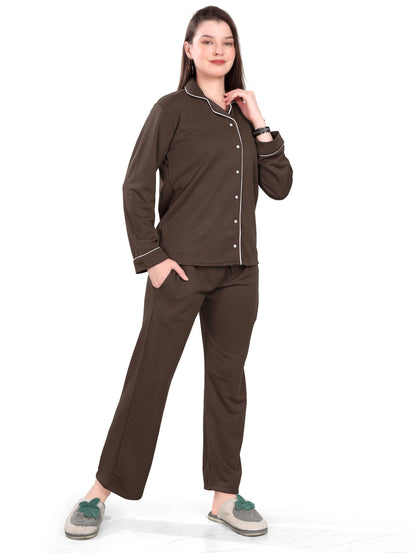Women's Winter Night Suit Set | Stylish Cotton Full Sleeves Coords Shirt Pyjama Set | Brown