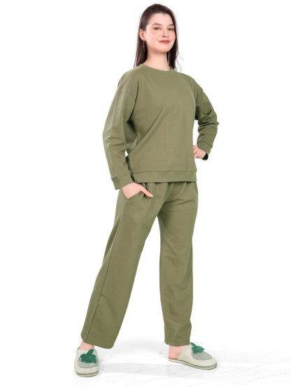 Women's Winter Night Suit Set | Stylish Cotton Full Sleeves Coords Set | Olive Green