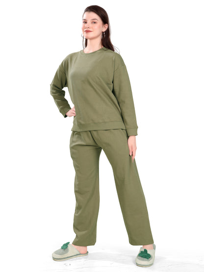 Women's Winter Night Suit Set | Stylish Cotton Full Sleeves Coords Set | Olive Green